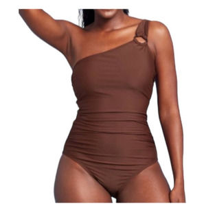 Kona Sol Single Shoulder One Piece Suit Size Large Brown Ring Detail Ruched